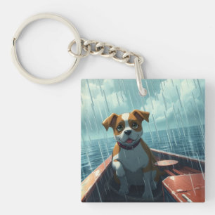 Dog on boat in ocean during rain key ring
