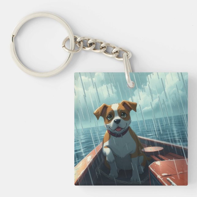 Dog on boat in ocean during rain key ring (Front)