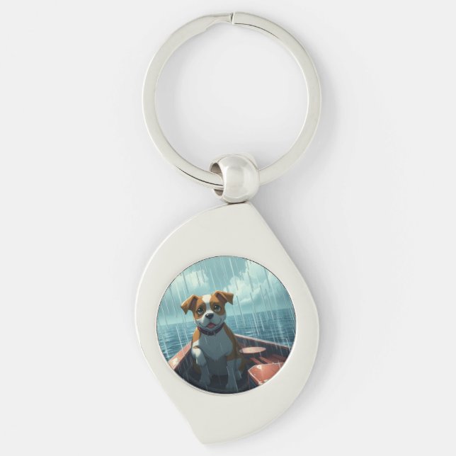 Dog on boat in ocean during rain key ring (Front)