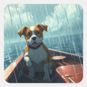 Dog on boat in ocean during rain square sticker