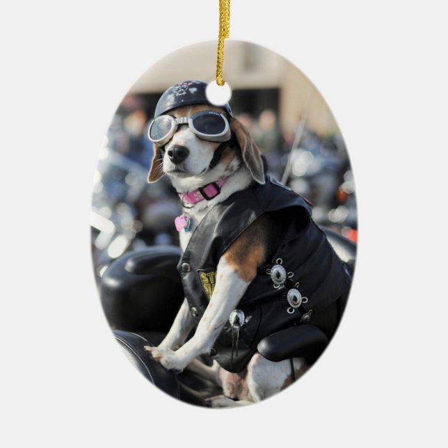 Dog on motorcycle photo ceramic tree decoration (Front)
