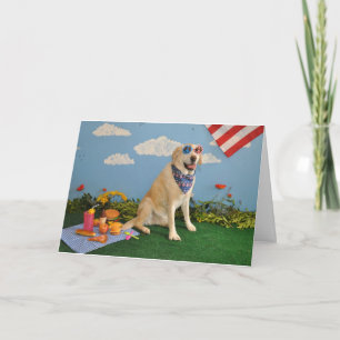 Dog on picnic, American flag Card