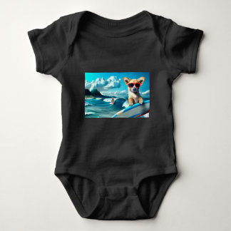 Dog on Surfboard Wearing Sunglasses AI Art Baby Bodysuit