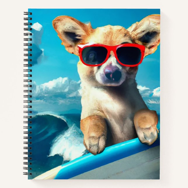 Dog on Surfboard Wearing Sunglasses AI Art Notebook (Front)