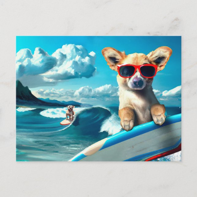 Dog on Surfboard Wearing Sunglasses AI Art Postcard (Front)
