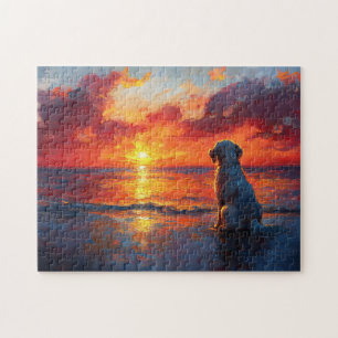Dog on the Beach Watching the Sunset Jigsaw Puzzle