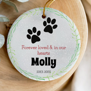 Dog or cat memorial paws green wreath ceramic tree decoration