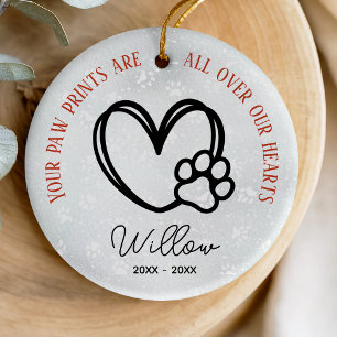Dog or cat pet memorial paws and heart ceramic tree decoration