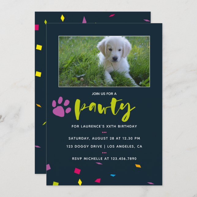 Dog or Puppy Birthday photo confetti invitation (Front/Back)