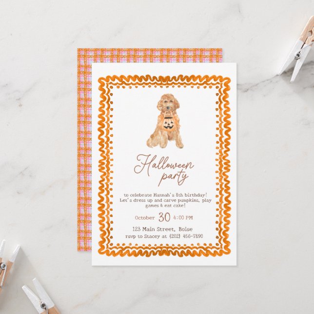 Dog Orange Preppy Pumpkin Halloween Party  Invitation (Front/Back In Situ)