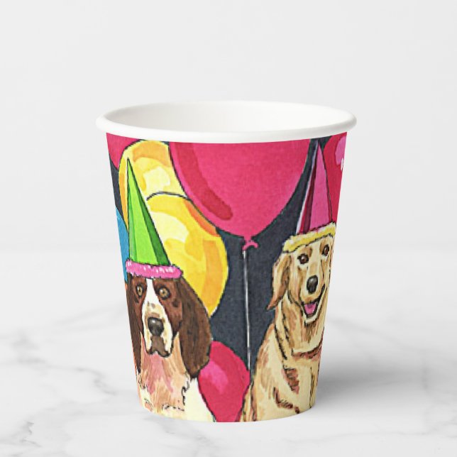 Dog Party Dogs in Party Hats and Balloons Colourfu Paper Cups (Front)