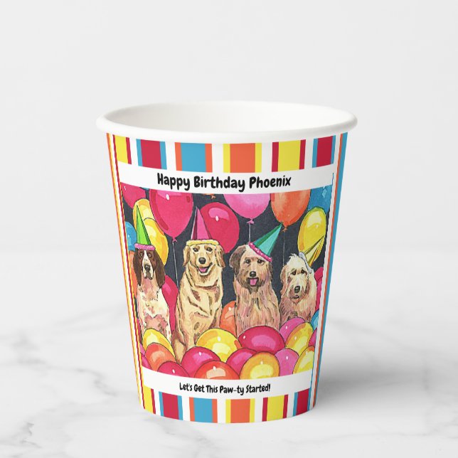 Dog Party Dogs in Party Hats Colourful Personalise Paper Cups (Front)