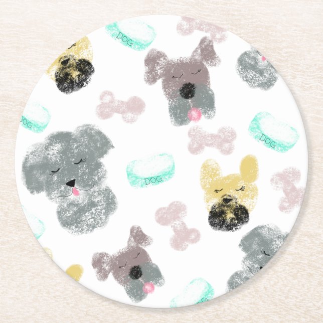 Dog Party Doodles Pink Blue Round Paper Coaster (Front)