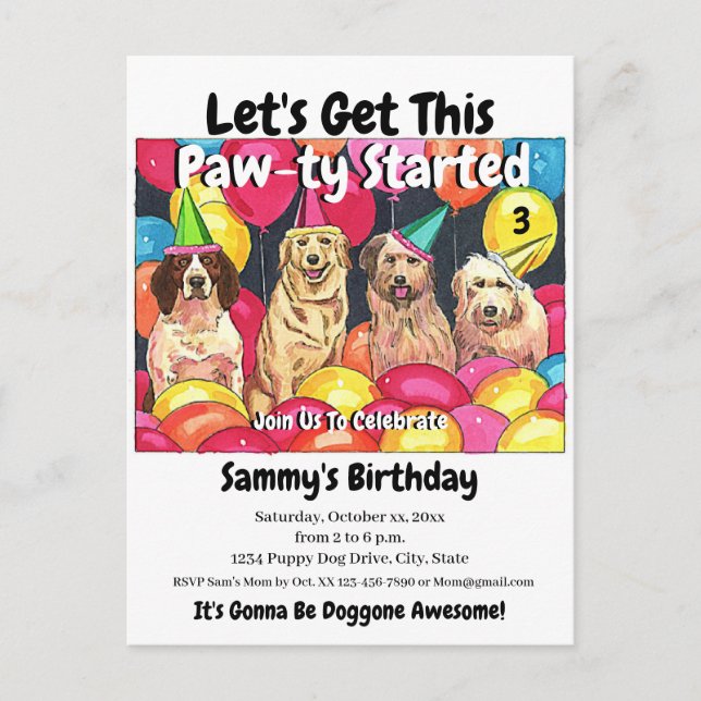 Dog Party Let's Get This Paw-Ty Started Birthday Postcard (Front)