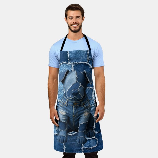 Dog Patchwork Art Denim Apron (Worn)