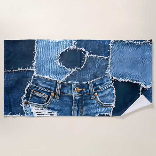 Dog Patchwork Art Denim Beach Towel (Front)