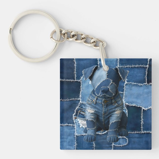 Dog Patchwork Art Denim Key Ring (Front)