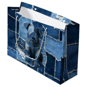 Dog Patchwork Art Denim Large Gift Bag