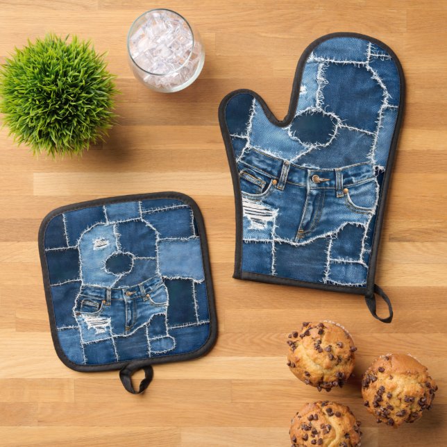 Dog Patchwork Art Denim Oven Mitt & Pot Holder Set (Top Down)