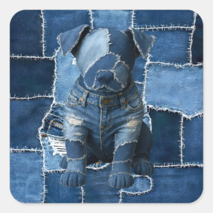 Dog Patchwork Art Denim Square Sticker