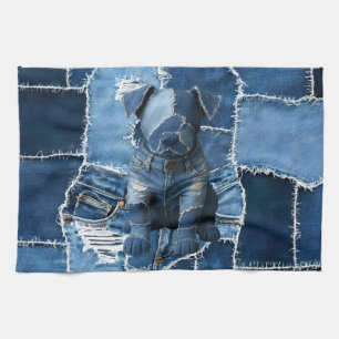 Dog Patchwork Art Denim Tea Towel