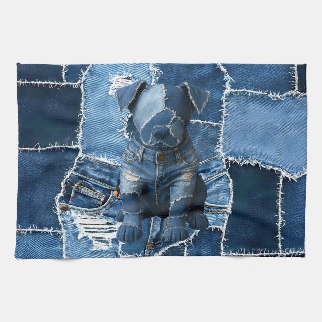 Dog Patchwork Art Denim Tea Towel (Horizontal)