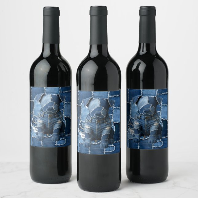 Dog Patchwork Art Denim Wine Label (Bottles)