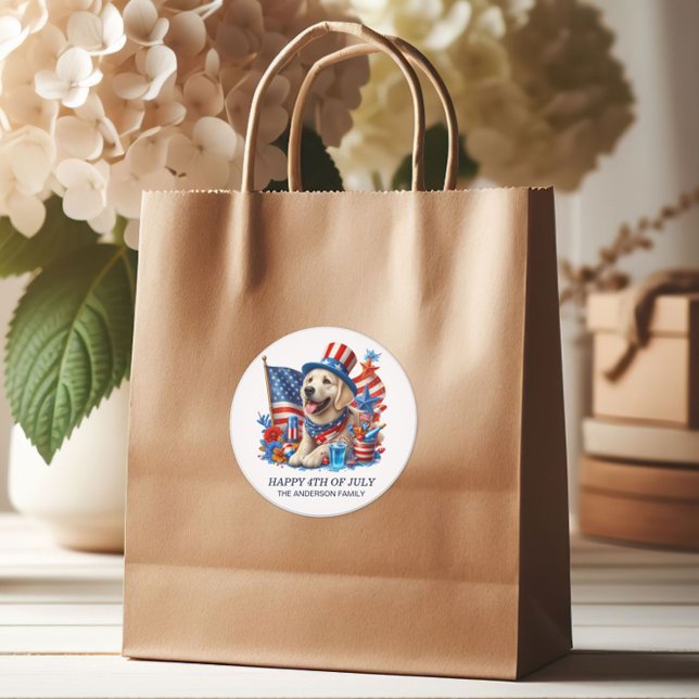 Dog Patriotic Top Hat Red White Blue Stars Stripe  Classic Round Sticker (Round patriotic 4th of July dog sticker)