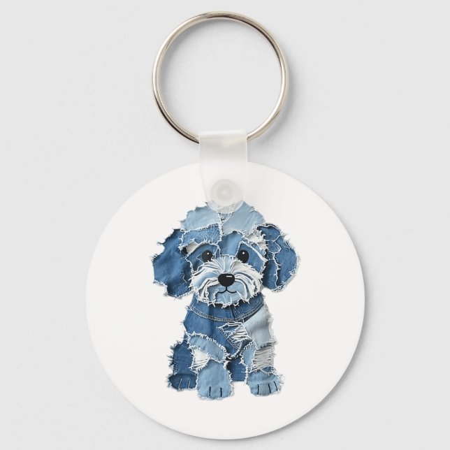 Dog Pattern Denim Patchwork Art  Key Ring (Front)