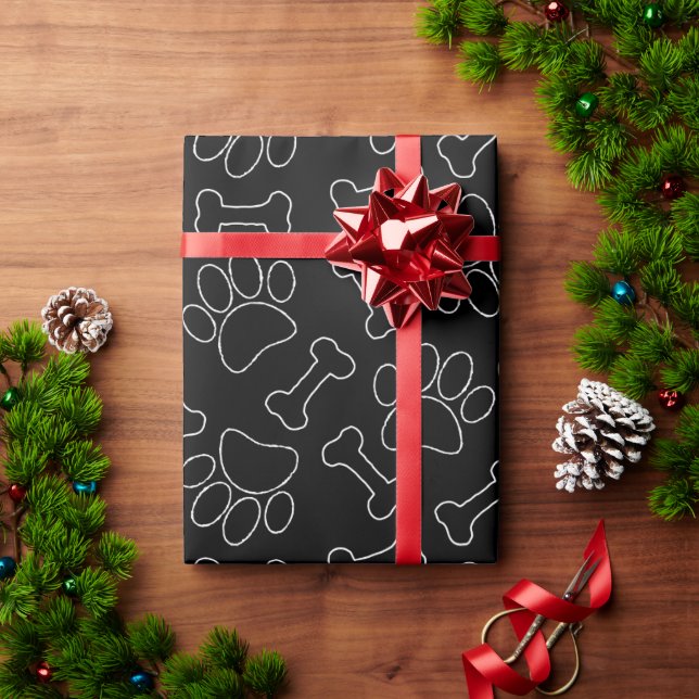 Dog Paw And Bones Drawing Pattern Custom Black Wrapping Paper (Holiday Gift)