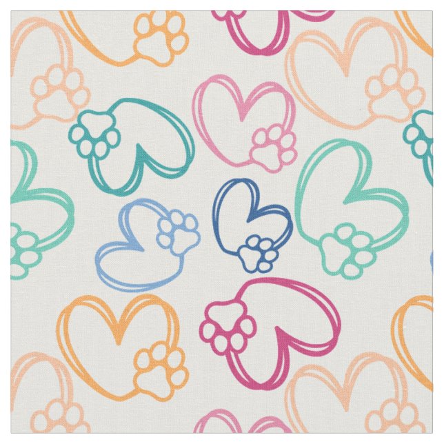 Dog Paw And Hearts Colourful Fabric (Close Up)