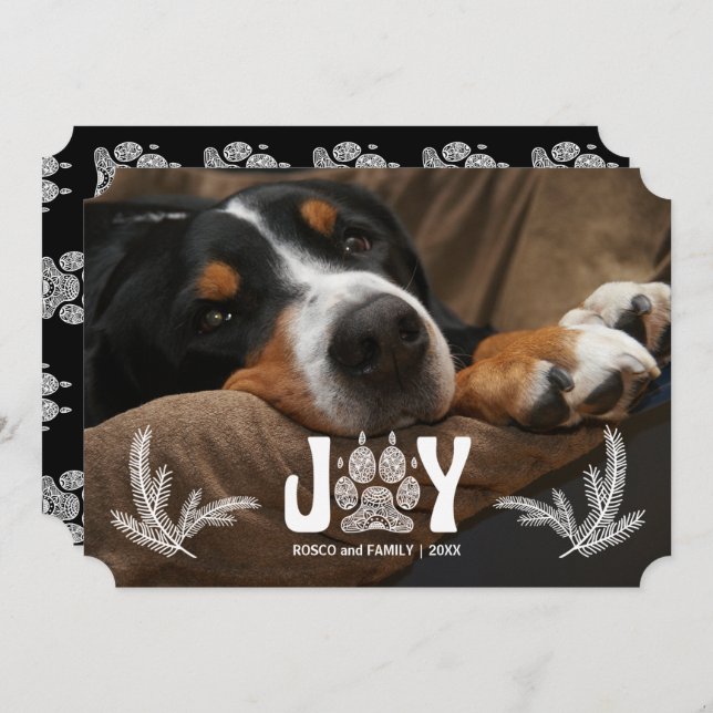 Dog Paw and Pines Pet Lover Horizontal Photo Holiday Card (Front/Back)
