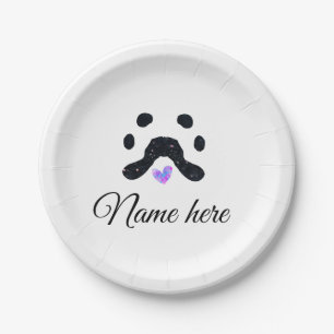 Dog paw black pet add name text animal paw photo paper plate