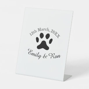 Dog paw black pet wedding couple name date romanti pedestal sign