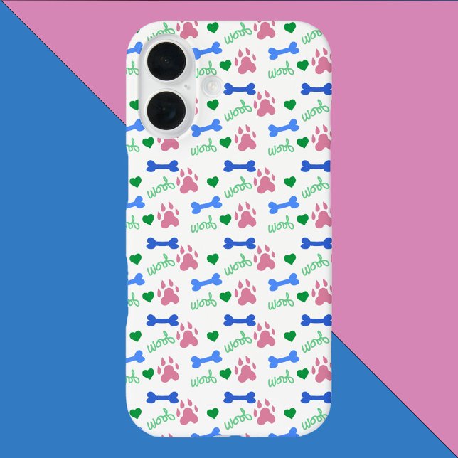 Dog Paw Bones Hearts Woof Pattern Pink Green Blue Case-Mate iPhone Case (A phone case with pink dog paws, blue bones, green hearts and the word woof!)