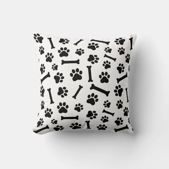 Dog Paw & Bones Seamless Pattern - Black & White Cushion (Front)