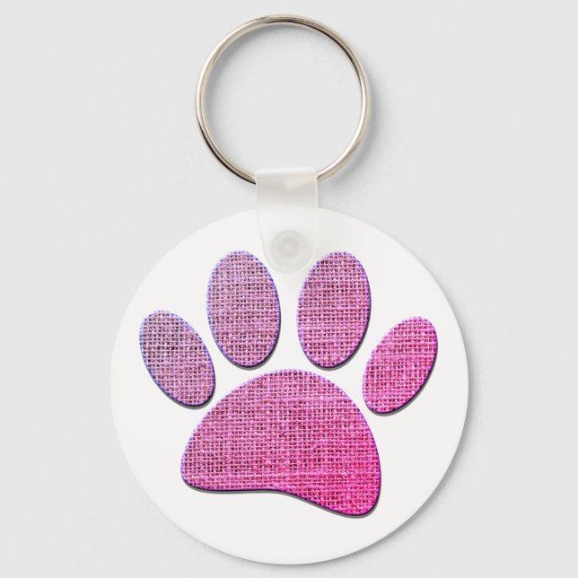 Dog Paw Burlap Print In Pink Key Ring (Front)