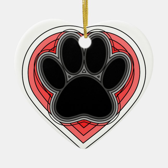 Dog Paw In Red Heart With Outlines Ceramic Tree Decoration (Front)