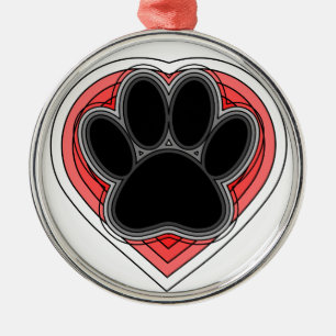 Dog Paw In Red Heart With Outlines Metal Tree Decoration