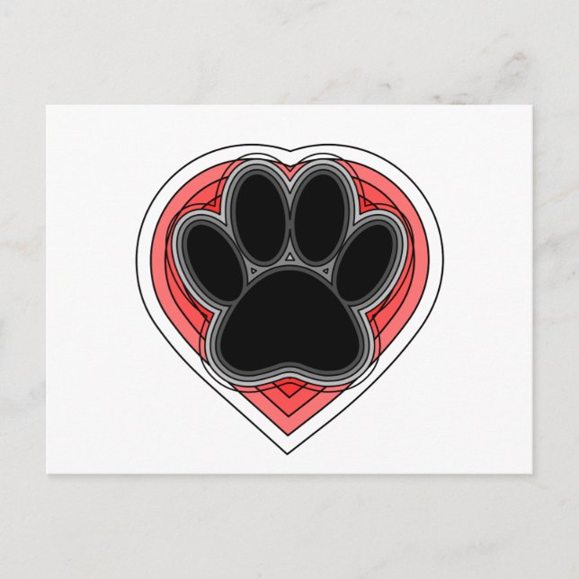 Dog Paw In Red Heart With Outlines Postcard (Front)