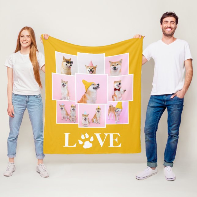 Dog Paw LOVE Personalised 9 Photo Collage Fleece Blanket (In Situ)