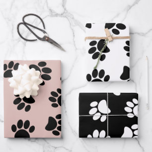 Dog Paw Pattern On Rose Gold Black And White Wrapping Paper Sheet