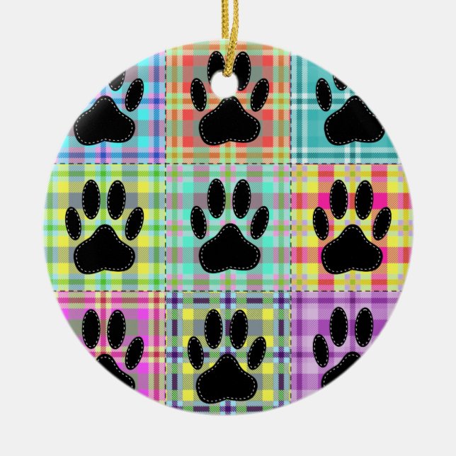 Dog Paw Pattern Quilt Ceramic Tree Decoration (Front)