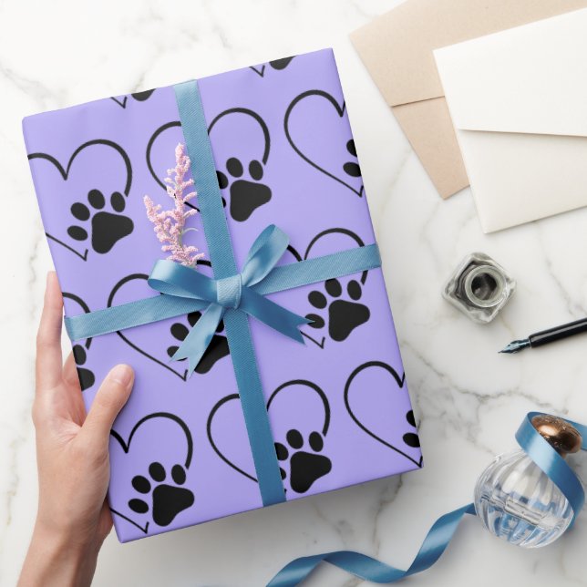 Dog Paw Print and Heart on Purple Wrapping Paper (Gifting)