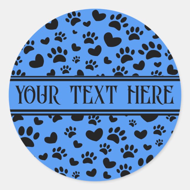 Dog Paw Print and Hearts With Custom Name Blue Classic Round Sticker (Front)