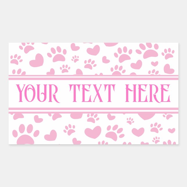 Dog Paw Print and Hearts With Custom Name Pink Rectangular Sticker (Front)