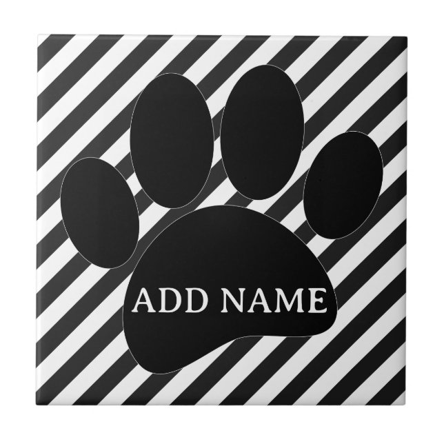 Dog Paw Print Black White Stripes Custom Name Tile (Front)