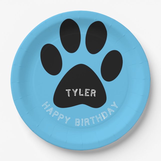 Dog Paw Print Blue Birthday Party Paper Plate (Front)