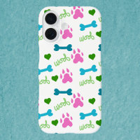 Dog Paw Print Bones Hearts Woof Pink Blue Green