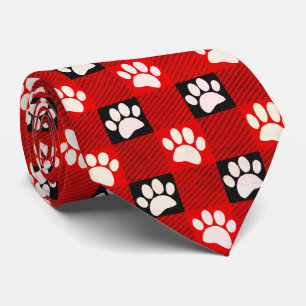 Dog Paw Print Buffalo Plaid In Black and Red Tie